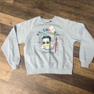 BETTY BOOP ST. TROPEZ BABY BLUE TROPICAL VACATION GRAPHIC CREWNECK SWEATSHIRT XS